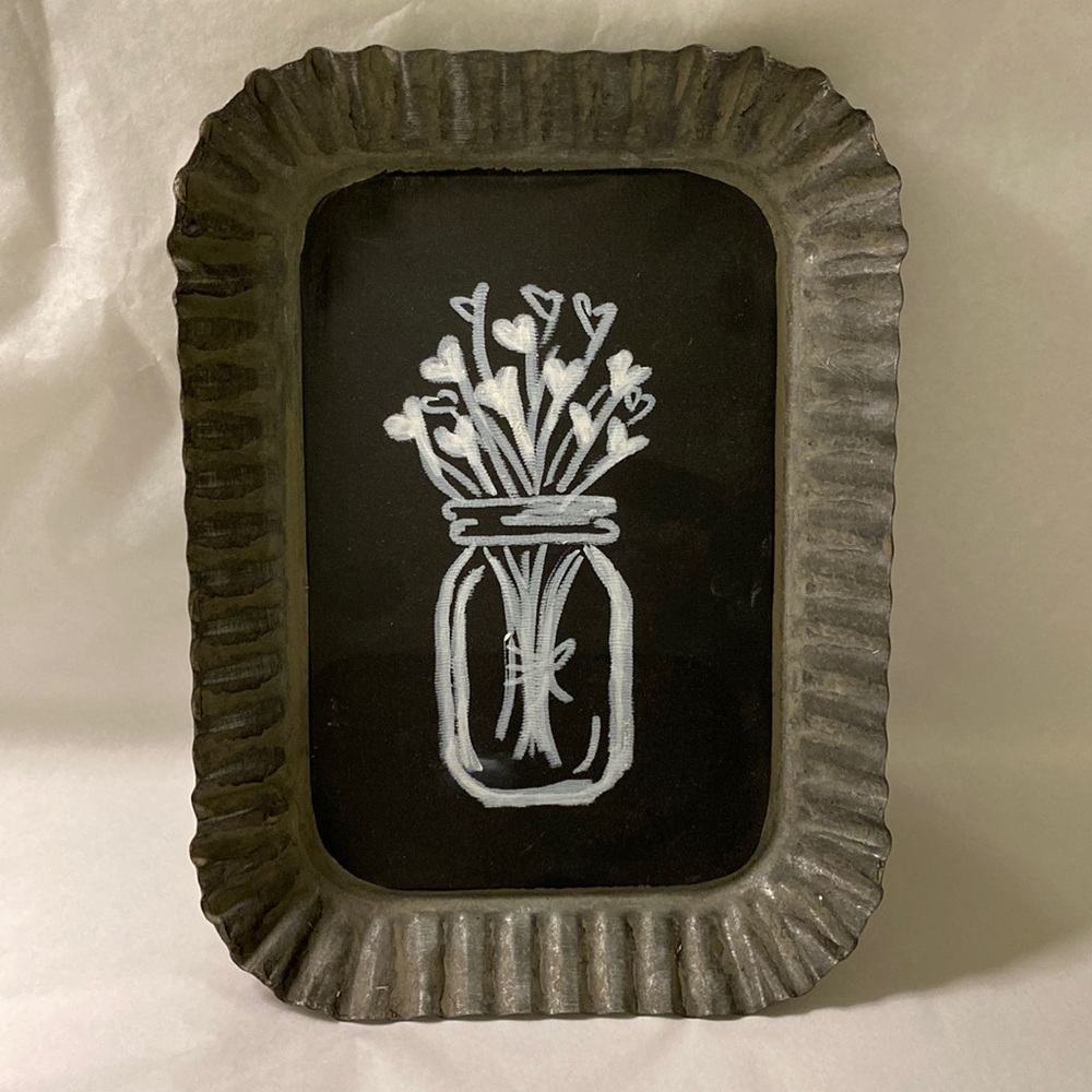 Rippled metal tin chalkboard sign with floral vase art